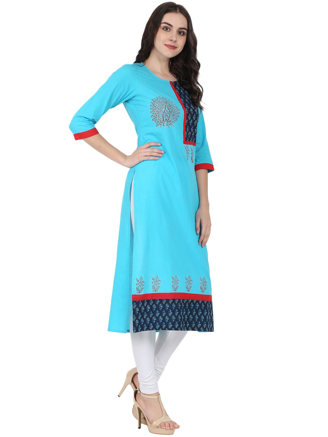 Blue 3/4Th Sleeve Block Printed A-Line Kurta | LASVINI - Redefining Indian Fashion with Elegance