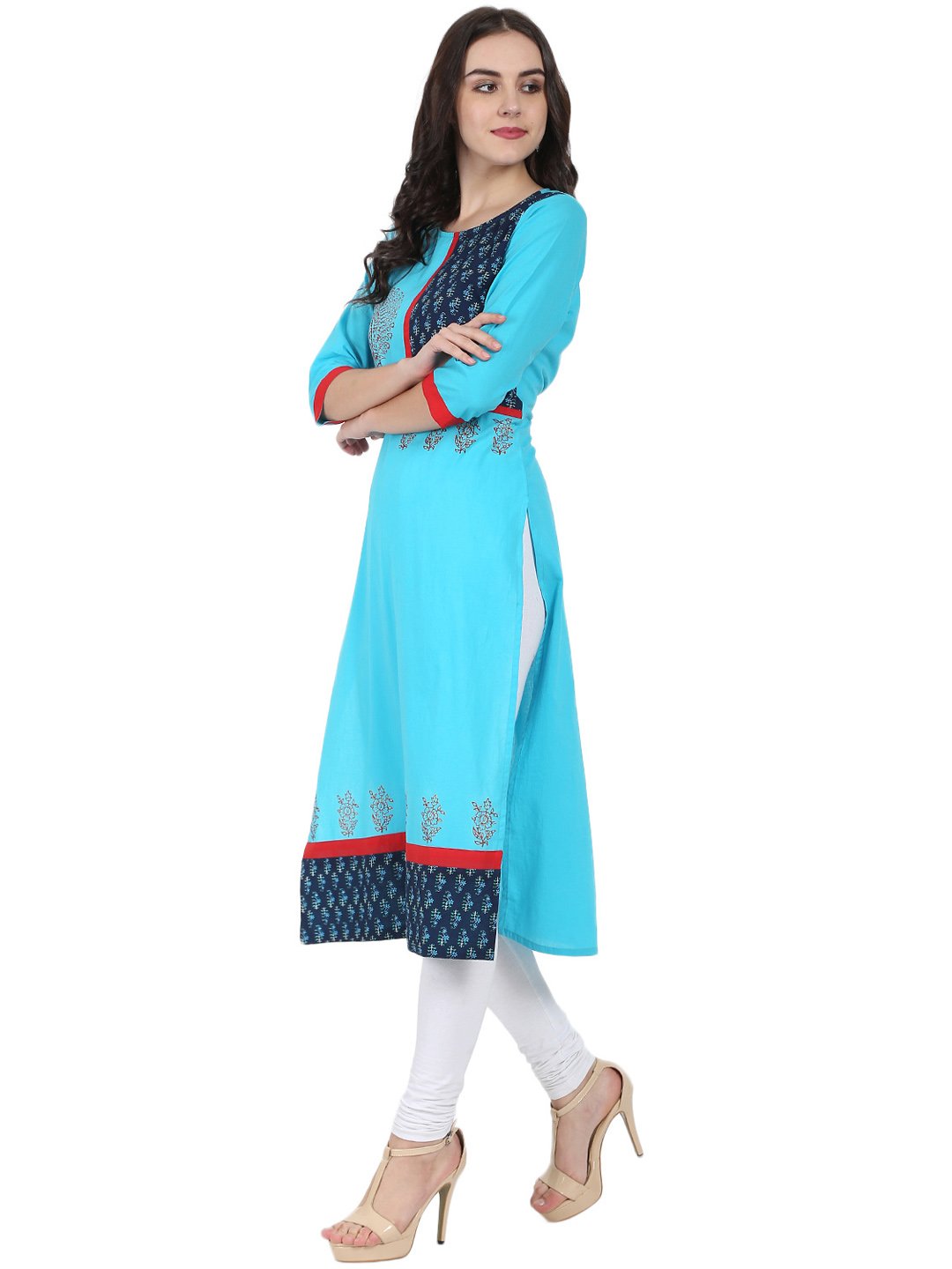 Blue 3/4Th Sleeve Block Printed A-Line Kurta | LASVINI - Redefining Indian Fashion with Elegance