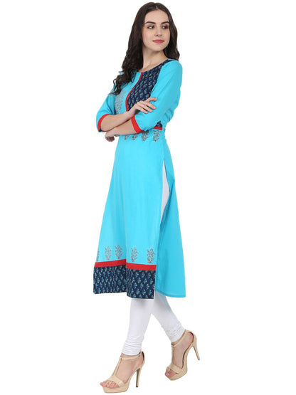 Blue 3/4Th Sleeve Block Printed A-Line Kurta | LASVINI - Redefining Indian Fashion with Elegance