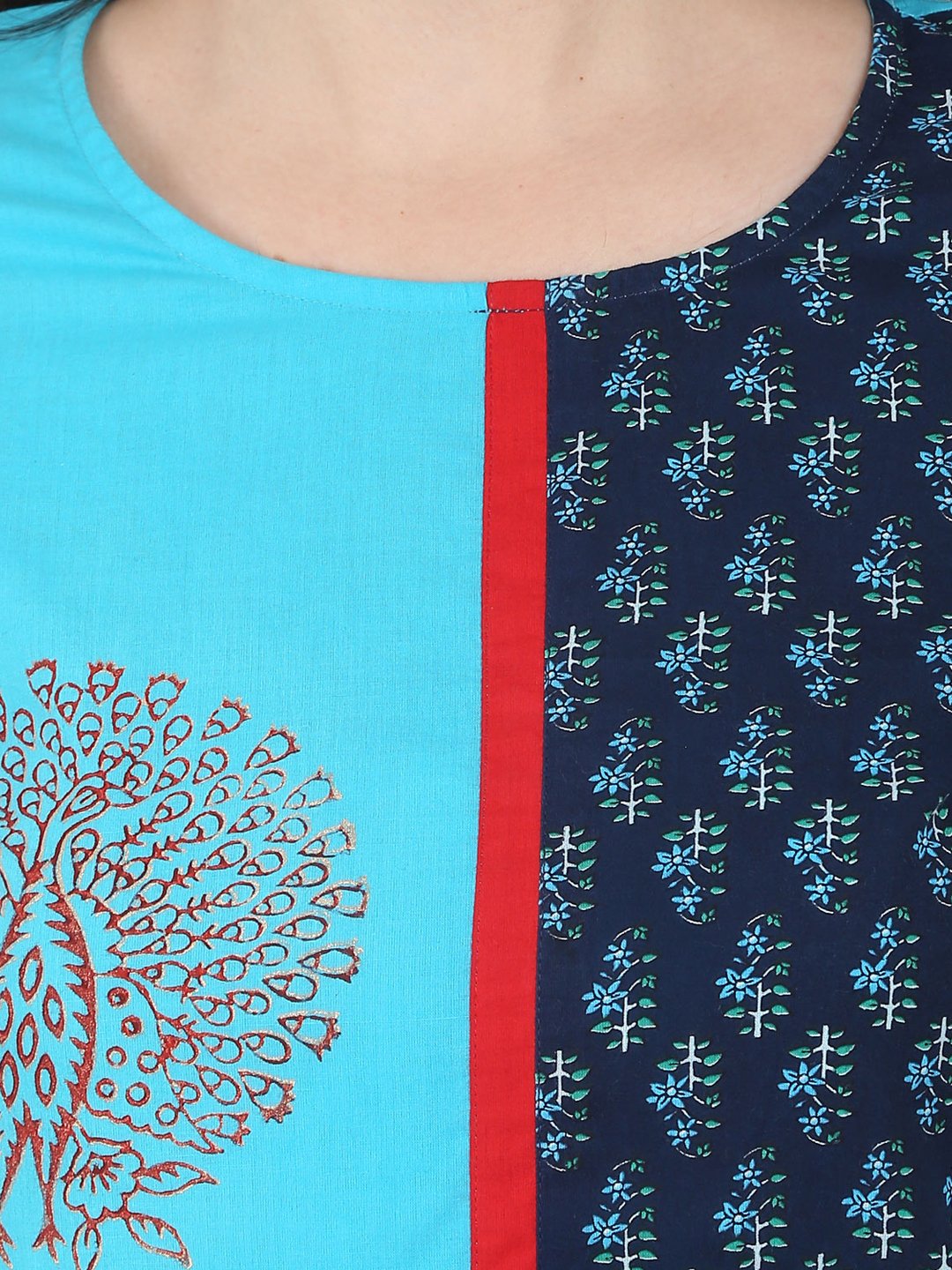 Blue 3/4Th Sleeve Block Printed A-Line Kurta | LASVINI - Redefining Indian Fashion with Elegance