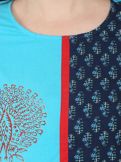 Blue 3/4Th Sleeve Block Printed A-Line Kurta | LASVINI - Redefining Indian Fashion with Elegance