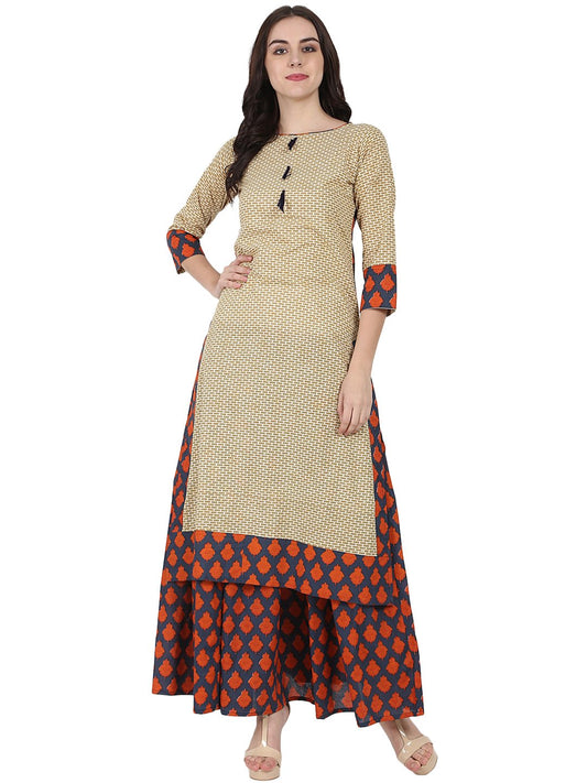 Beige Printed 3/4Th Sleeve Cotton Kurta With Blue Printed Ankle Length Flared Skirt | LASVINI - Redefining Indian Fashion with Elegance