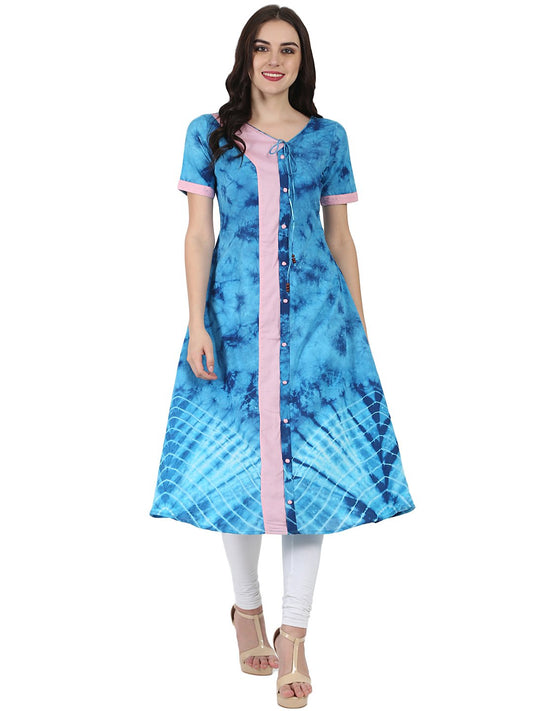 Blue Printed Half Sleeve A-Line Rayon Kurta With Dori Work At Yoke | LASVINI - Redefining Indian Fashion with Elegance