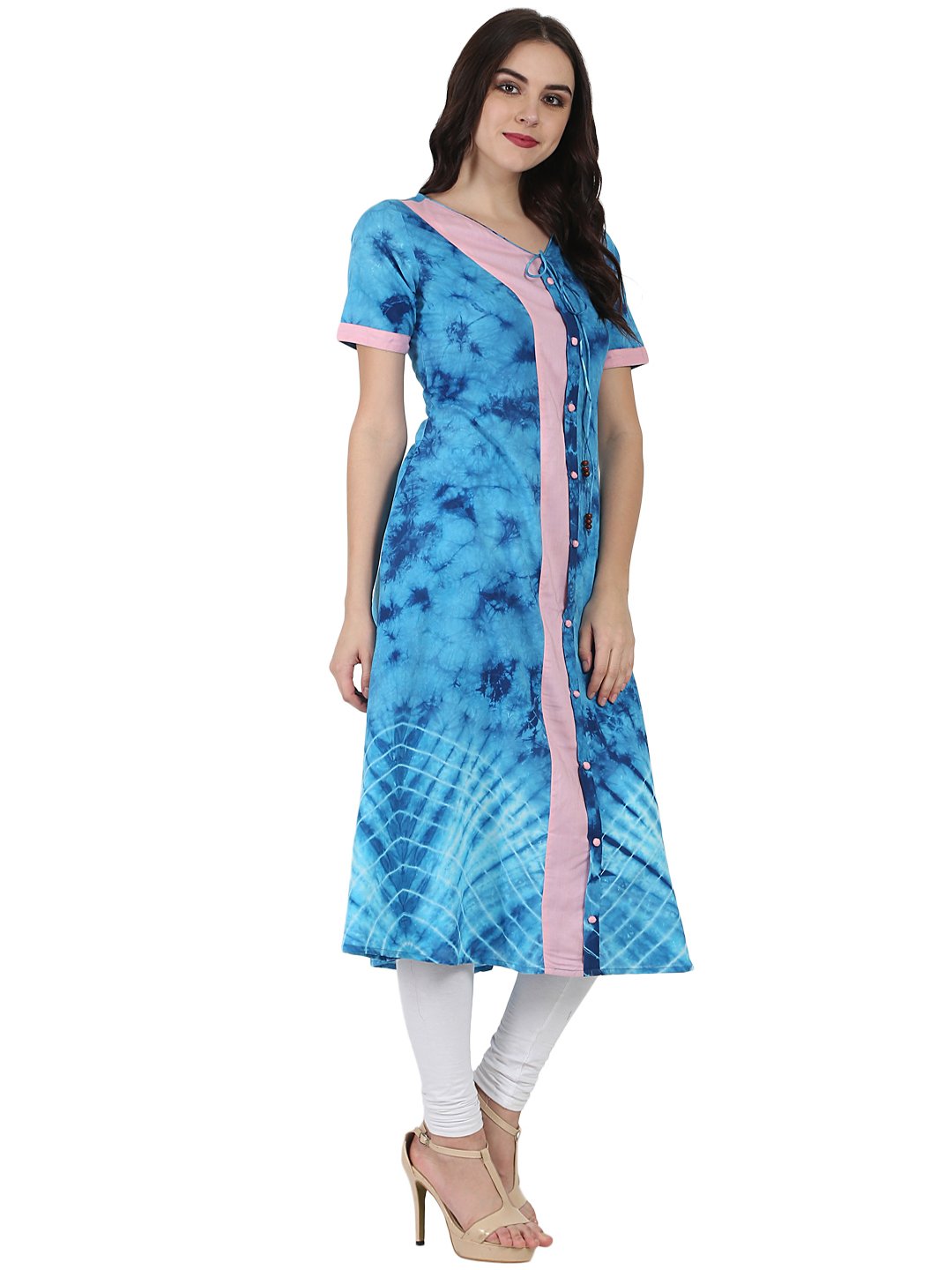 Blue Printed Half Sleeve A-Line Rayon Kurta With Dori Work At Yoke | LASVINI - Redefining Indian Fashion with Elegance
