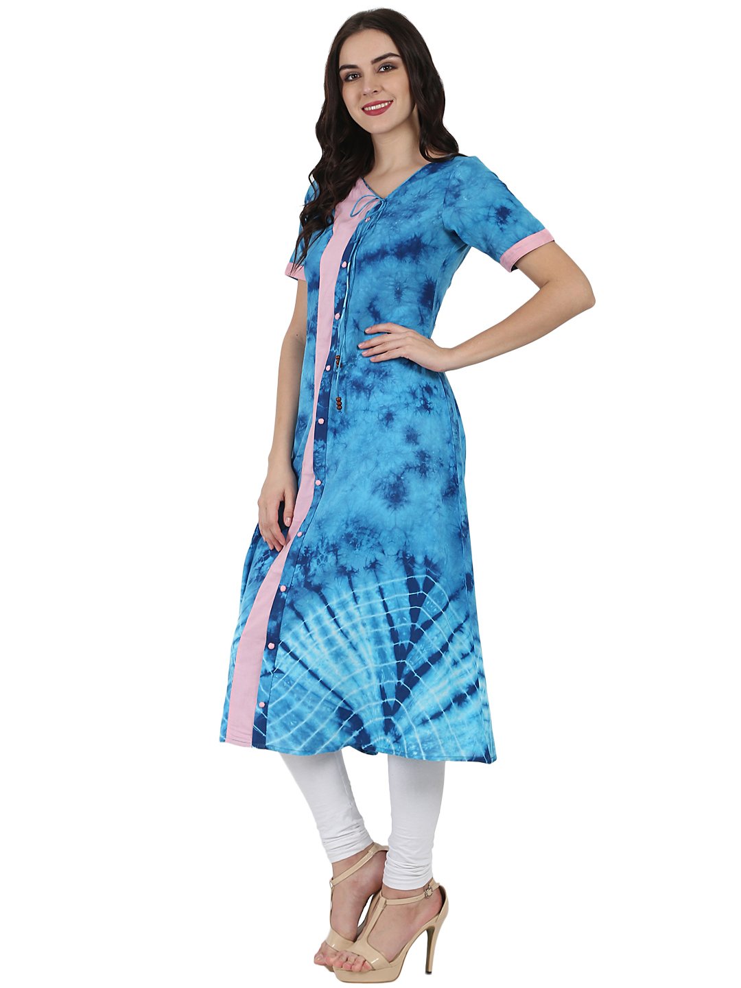 Blue Printed Half Sleeve A-Line Rayon Kurta With Dori Work At Yoke | LASVINI - Redefining Indian Fashion with Elegance