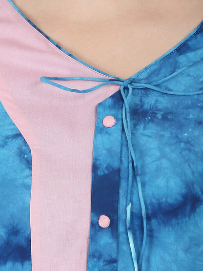 Blue Printed Half Sleeve A-Line Rayon Kurta With Dori Work At Yoke | LASVINI - Redefining Indian Fashion with Elegance