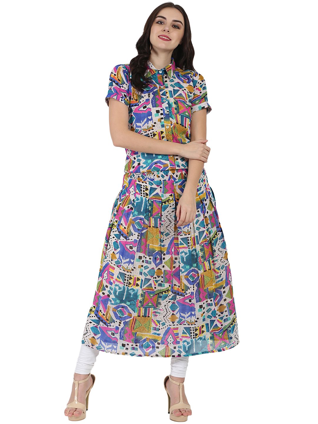 Multi Printed Half Sleeve Georgette Anarkali Kurta | LASVINI - Redefining Indian Fashion with Elegance