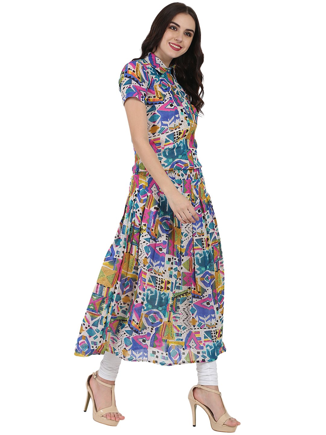 Multi Printed Half Sleeve Georgette Anarkali Kurta | LASVINI - Redefining Indian Fashion with Elegance