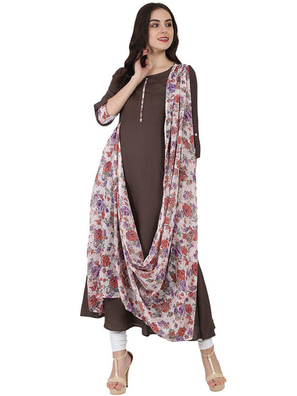 Coffee Brown Flower Printed 3/4Th Sleeve Drape Style Cotton Anarkali Kurta | LASVINI - Redefining Indian Fashion with Elegance