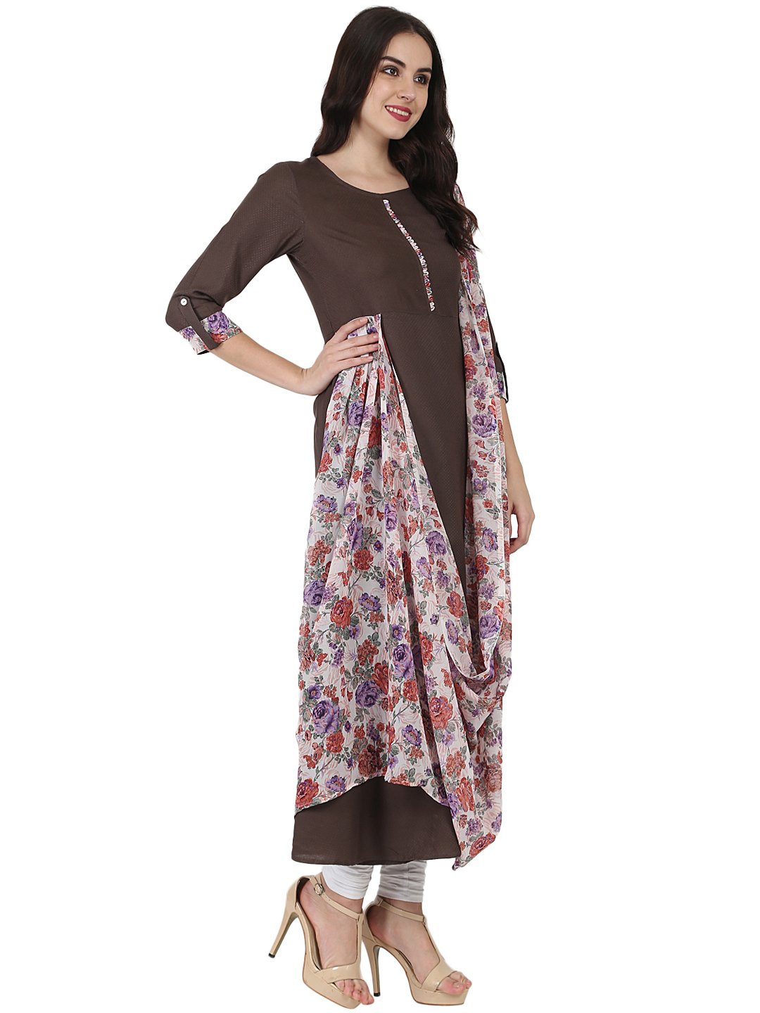 Coffee Brown Flower Printed 3/4Th Sleeve Drape Style Cotton Anarkali Kurta | LASVINI - Redefining Indian Fashion with Elegance