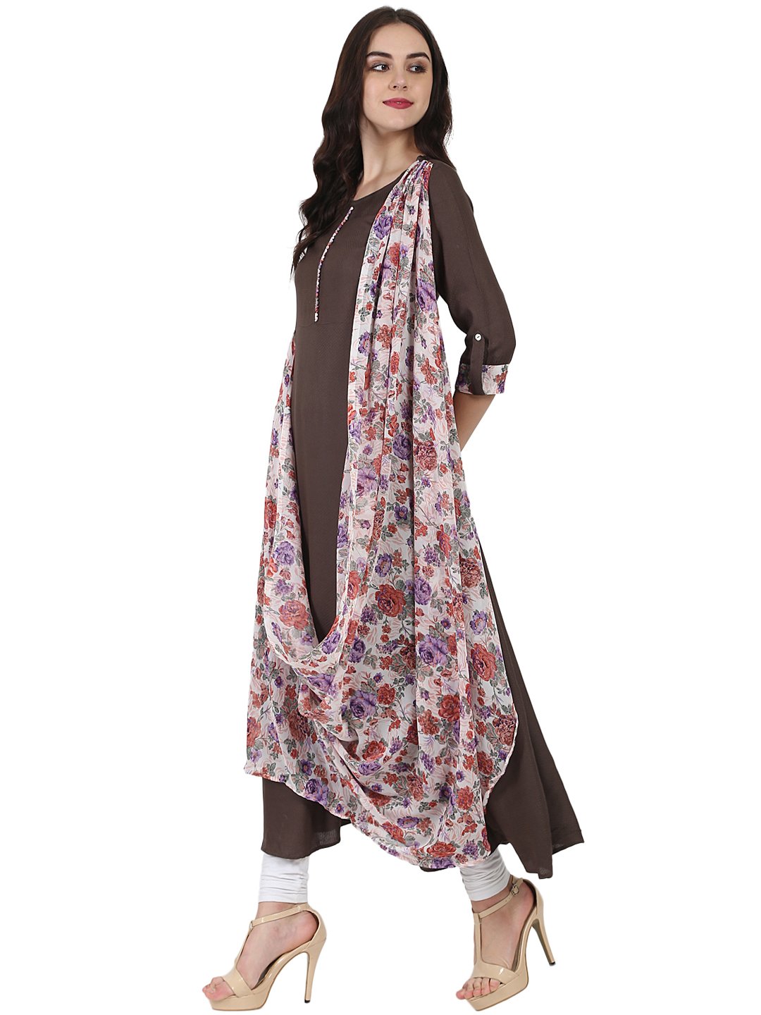 Coffee Brown Flower Printed 3/4Th Sleeve Drape Style Cotton Anarkali Kurta | LASVINI - Redefining Indian Fashion with Elegance