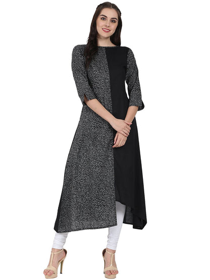 Black Printed 3/4Th Sleeve Cotton A-Line Kurta | LASVINI - Redefining Indian Fashion with Elegance