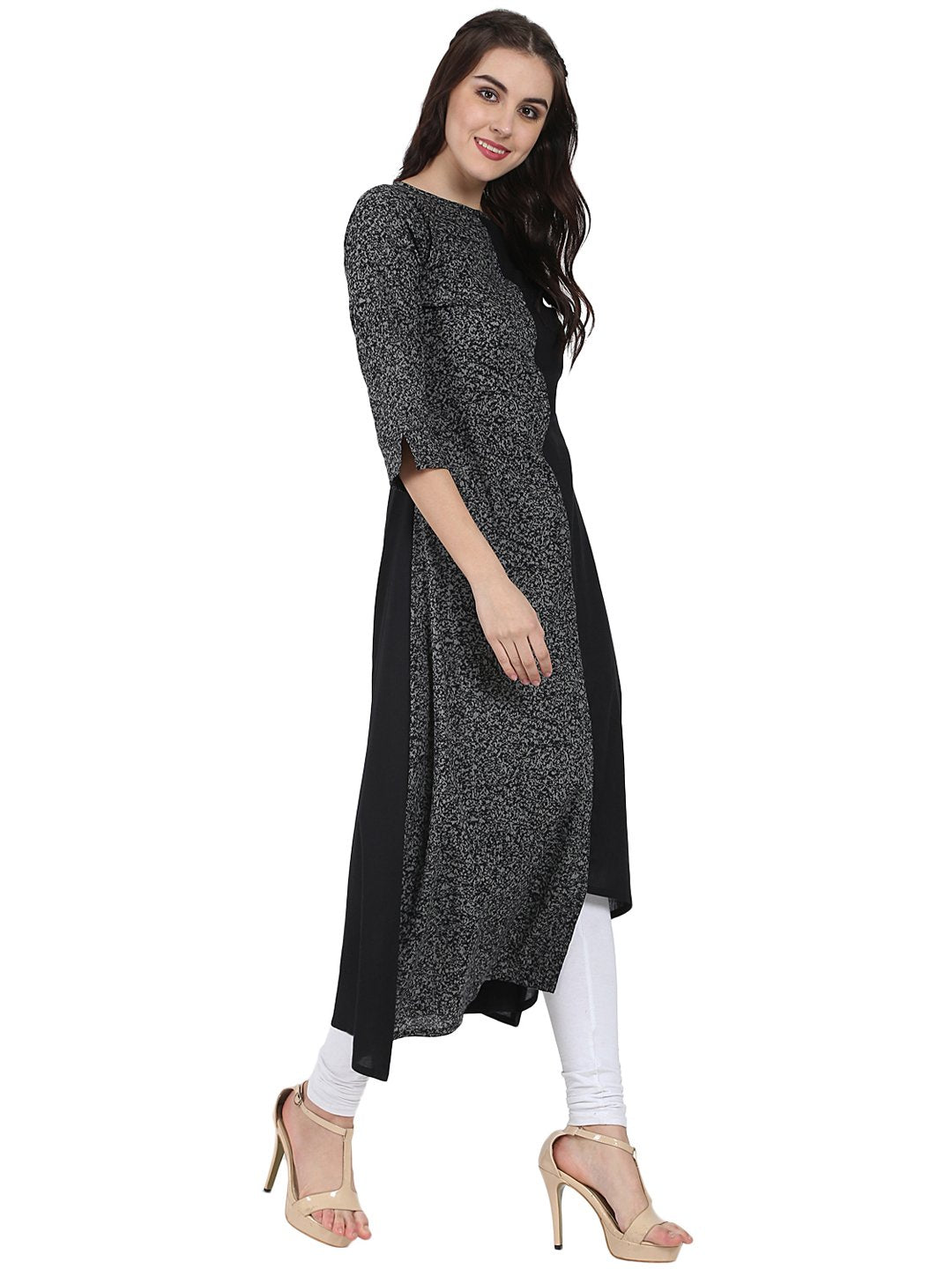 Black Printed 3/4Th Sleeve Cotton A-Line Kurta | LASVINI - Redefining Indian Fashion with Elegance