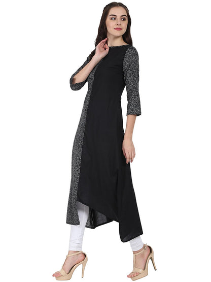 Black Printed 3/4Th Sleeve Cotton A-Line Kurta | LASVINI - Redefining Indian Fashion with Elegance