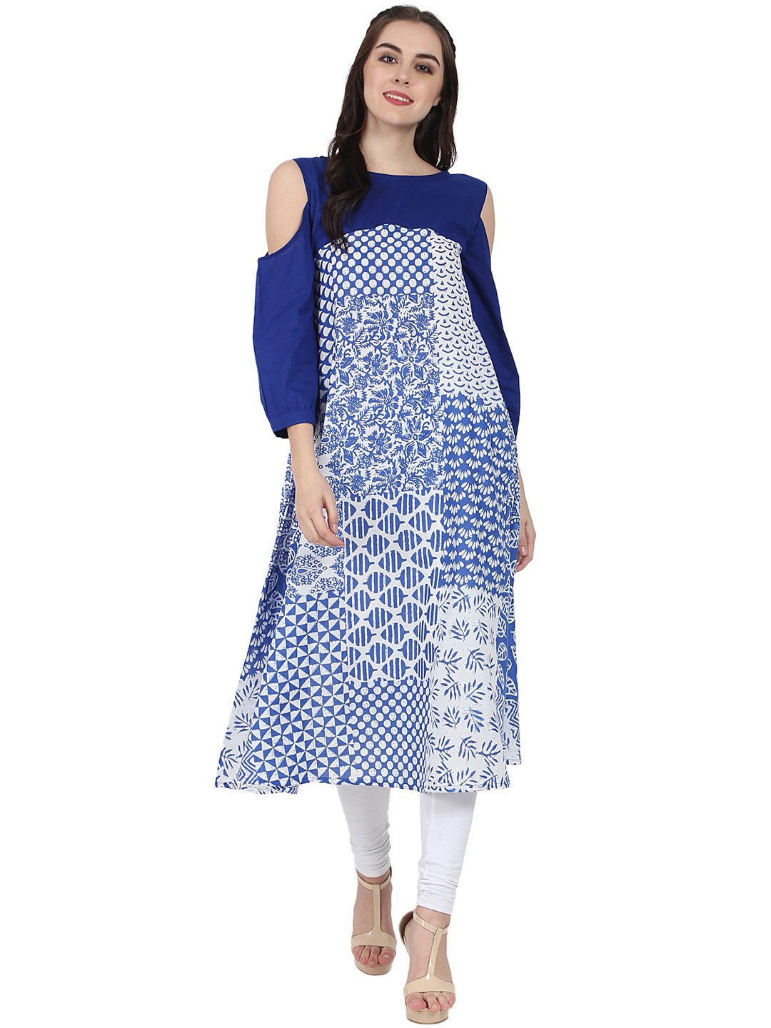Blue Printed 3/4Th Sleeve Cold Shoulder A-Line Kurta | LASVINI - Redefining Indian Fashion with Elegance