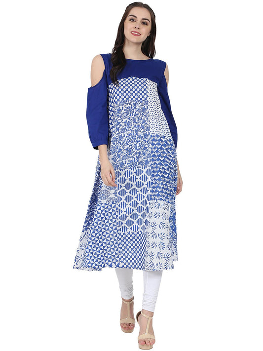Blue Printed 3/4Th Sleeve Cold Shoulder A-Line Kurta | LASVINI - Redefining Indian Fashion with Elegance