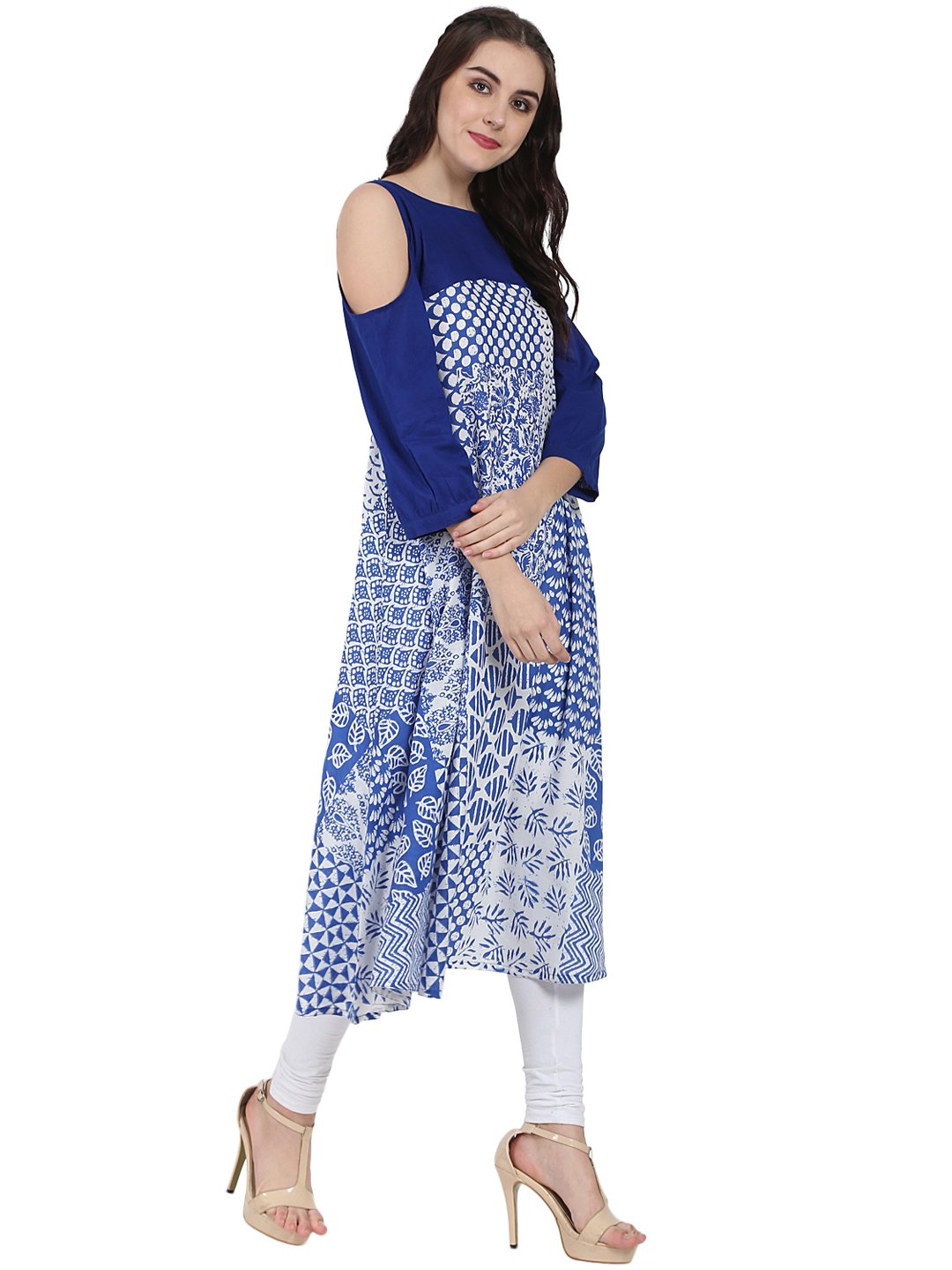 Blue Printed 3/4Th Sleeve Cold Shoulder A-Line Kurta | LASVINI - Redefining Indian Fashion with Elegance