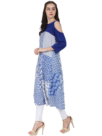 Blue Printed 3/4Th Sleeve Cold Shoulder A-Line Kurta | LASVINI - Redefining Indian Fashion with Elegance