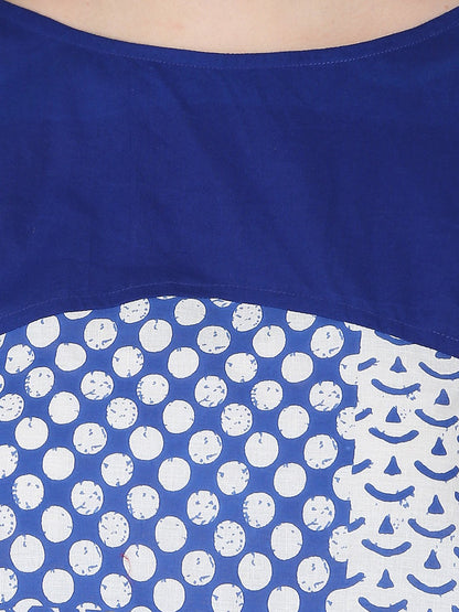 Blue Printed 3/4Th Sleeve Cold Shoulder A-Line Kurta | LASVINI - Redefining Indian Fashion with Elegance