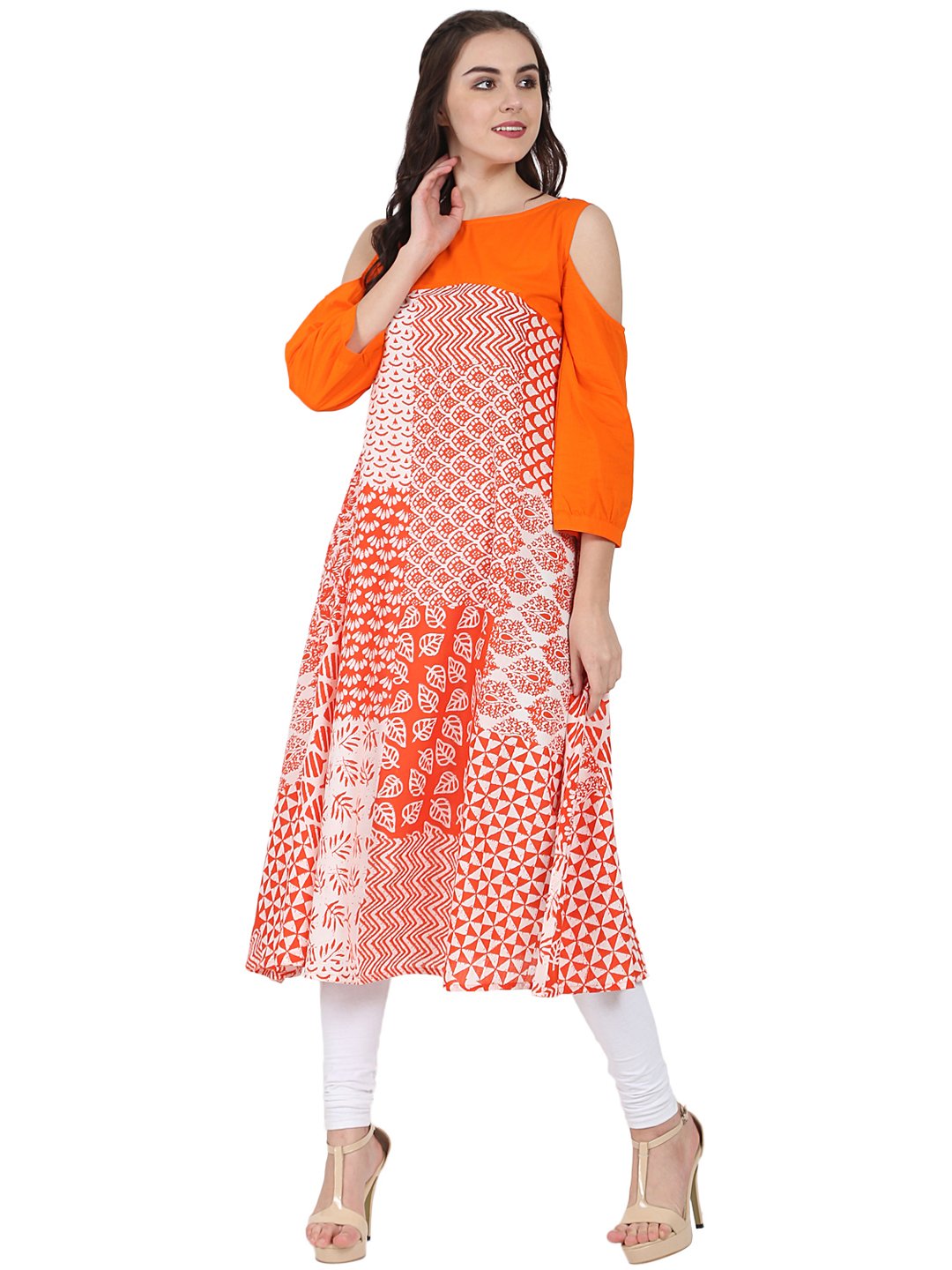 Orange Printed 3/4Th Sleeve Cold Shoulder A-Line Kurta | LASVINI - Redefining Indian Fashion with Elegance
