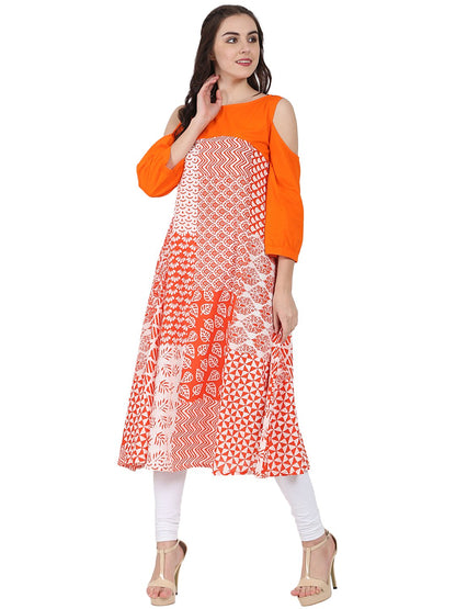 Orange Printed 3/4Th Sleeve Cold Shoulder A-Line Kurta | LASVINI - Redefining Indian Fashion with Elegance