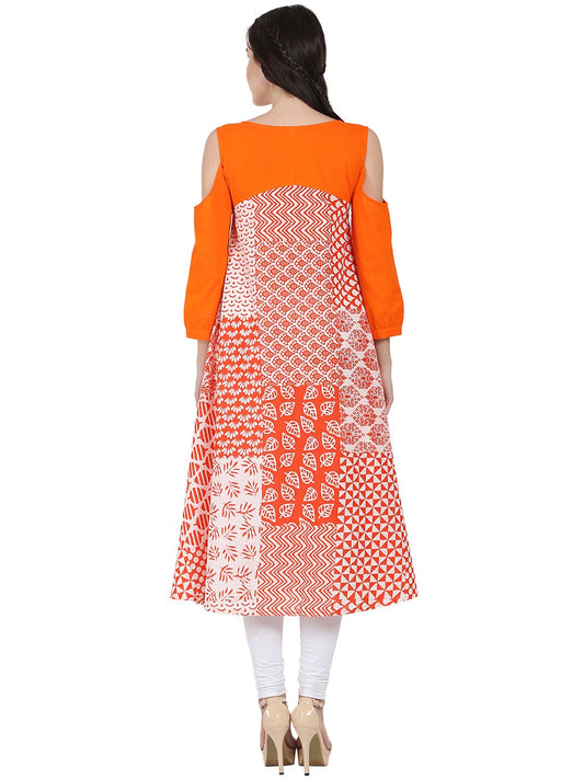 Orange Printed 3/4Th Sleeve Cold Shoulder A-Line Kurta | LASVINI - Redefining Indian Fashion with Elegance