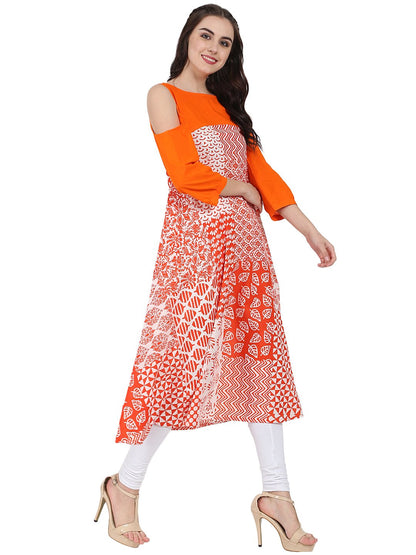 Orange Printed 3/4Th Sleeve Cold Shoulder A-Line Kurta | LASVINI - Redefining Indian Fashion with Elegance