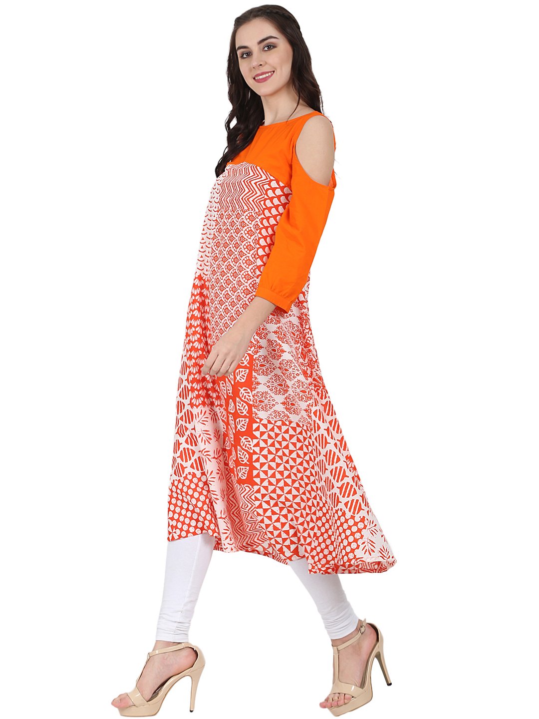 Orange Printed 3/4Th Sleeve Cold Shoulder A-Line Kurta | LASVINI - Redefining Indian Fashion with Elegance