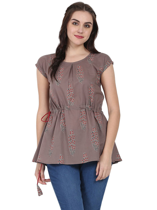Taupe Printed Cap Sleeve Cotton Tunic | LASVINI - Redefining Indian Fashion with Elegance