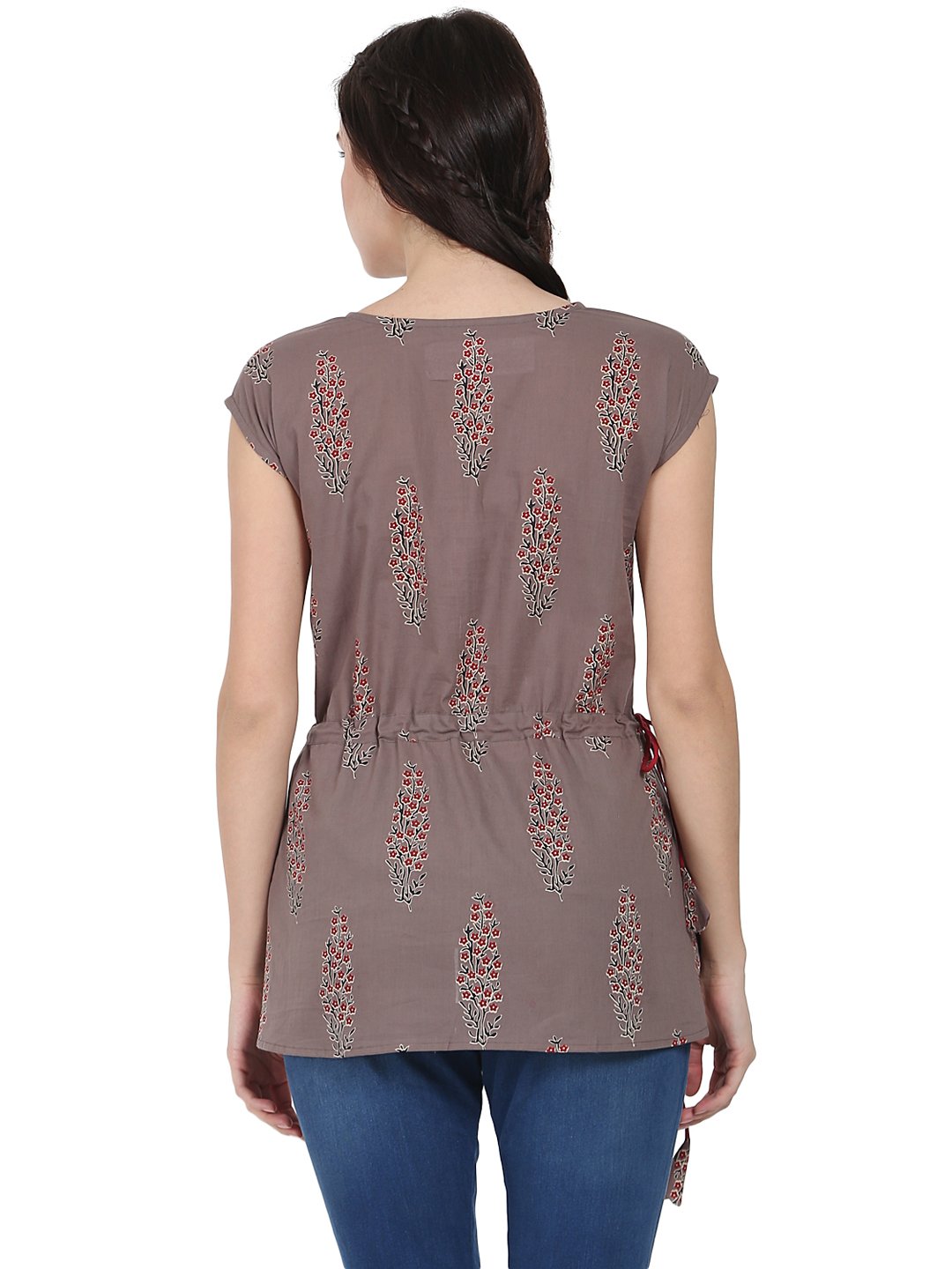 Taupe Printed Cap Sleeve Cotton Tunic | LASVINI - Redefining Indian Fashion with Elegance