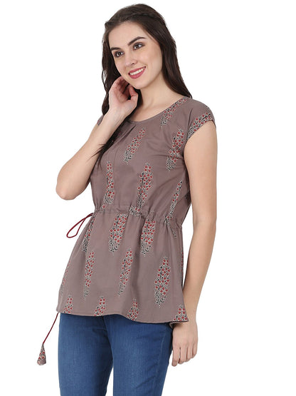 Taupe Printed Cap Sleeve Cotton Tunic | LASVINI - Redefining Indian Fashion with Elegance