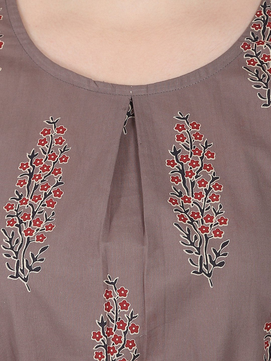 Taupe Printed Cap Sleeve Cotton Tunic | LASVINI - Redefining Indian Fashion with Elegance
