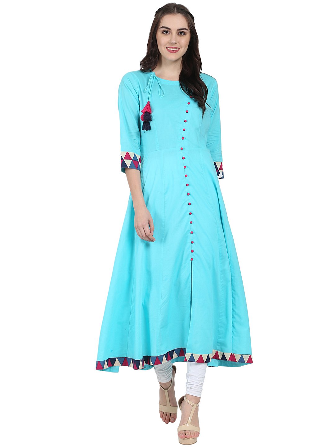 Blue 3/4Th Sleeve Cotton A-Line Kurta With Latkan Work At Yoke | LASVINI - Redefining Indian Fashion with Elegance