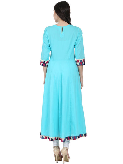 Blue 3/4Th Sleeve Cotton A-Line Kurta With Latkan Work At Yoke | LASVINI - Redefining Indian Fashion with Elegance