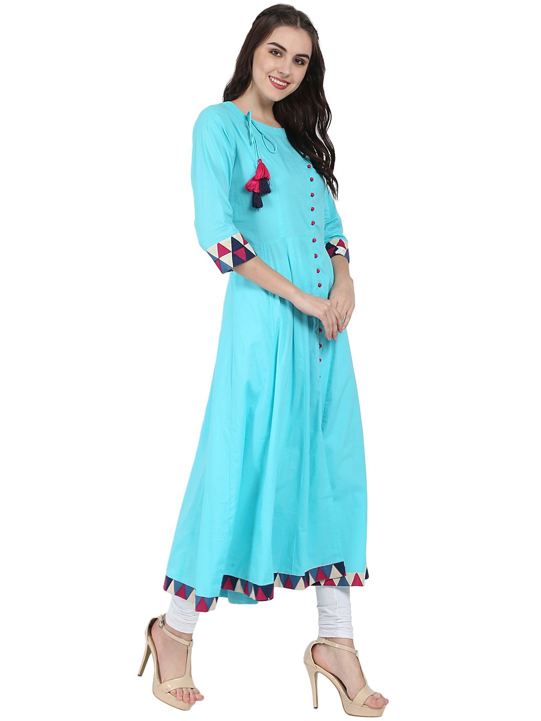 Blue 3/4Th Sleeve Cotton A-Line Kurta With Latkan Work At Yoke | LASVINI - Redefining Indian Fashion with Elegance