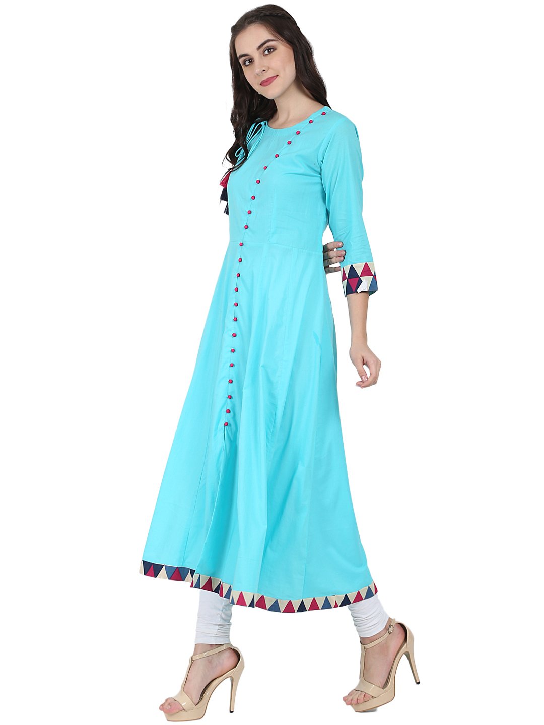 Blue 3/4Th Sleeve Cotton A-Line Kurta With Latkan Work At Yoke | LASVINI - Redefining Indian Fashion with Elegance