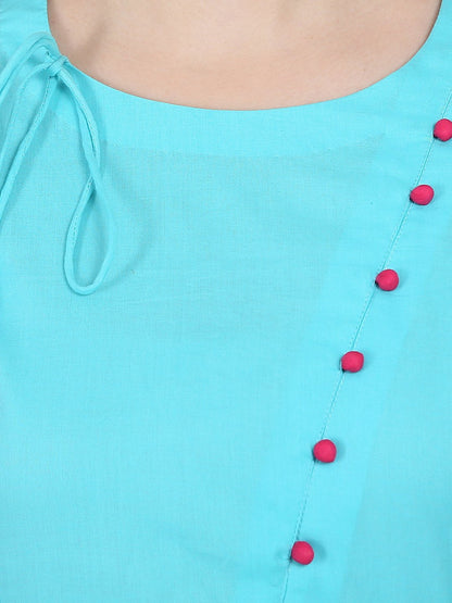 Blue 3/4Th Sleeve Cotton A-Line Kurta With Latkan Work At Yoke | LASVINI - Redefining Indian Fashion with Elegance