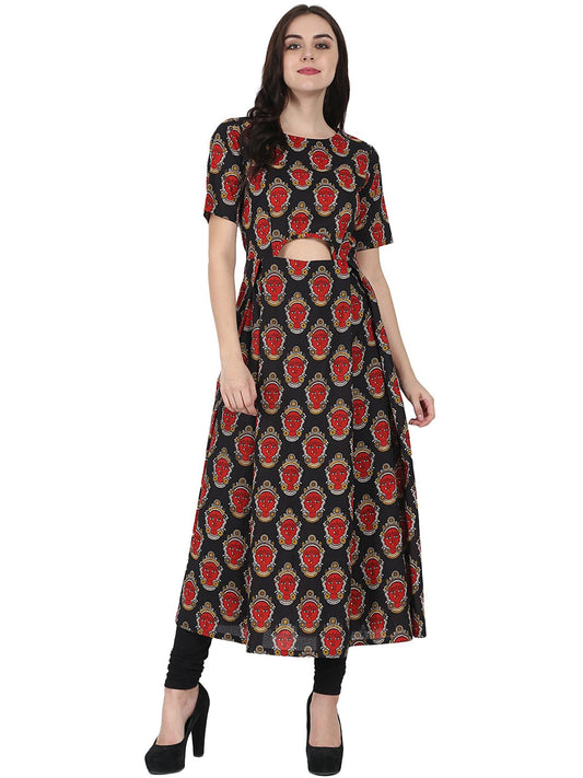 Black Printed Half Sleeve Cotton Anarkali Kurta | LASVINI - Redefining Indian Fashion with Elegance