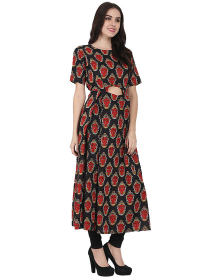 Black Printed Half Sleeve Cotton Anarkali Kurta | LASVINI - Redefining Indian Fashion with Elegance