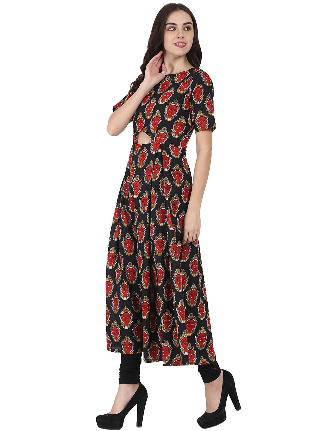 Black Printed Half Sleeve Cotton Anarkali Kurta | LASVINI - Redefining Indian Fashion with Elegance