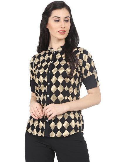 Women Black & Beige Slim Fit Checked Casual Shirt | LASVINI - Redefining Indian Fashion with Elegance