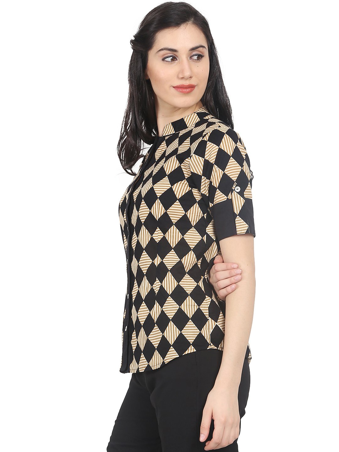 Women Black & Beige Slim Fit Checked Casual Shirt | LASVINI - Redefining Indian Fashion with Elegance