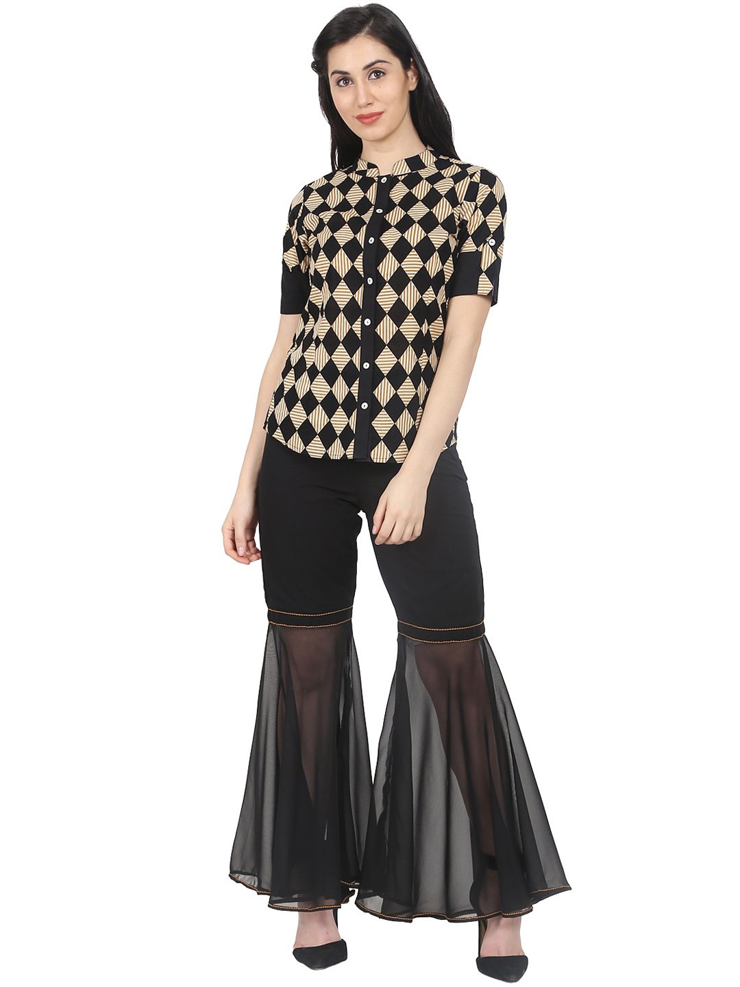 Black Printed Half Sleeve Cotton Shirt With Black Georgette Sharara | LASVINI - Redefining Indian Fashion with Elegance