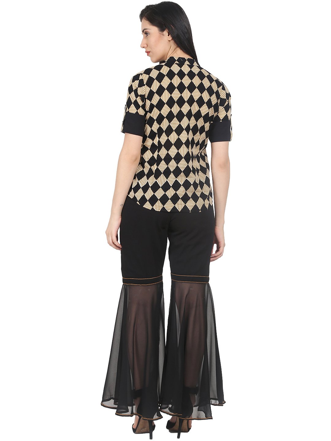 Black Printed Half Sleeve Cotton Shirt With Black Georgette Sharara | LASVINI - Redefining Indian Fashion with Elegance