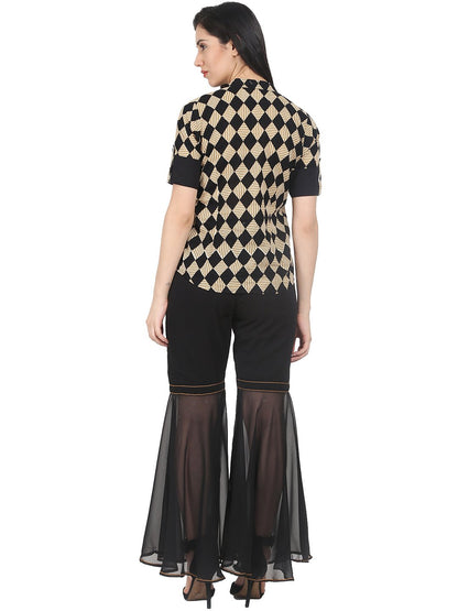 Black Printed Half Sleeve Cotton Shirt With Black Georgette Sharara | LASVINI - Redefining Indian Fashion with Elegance