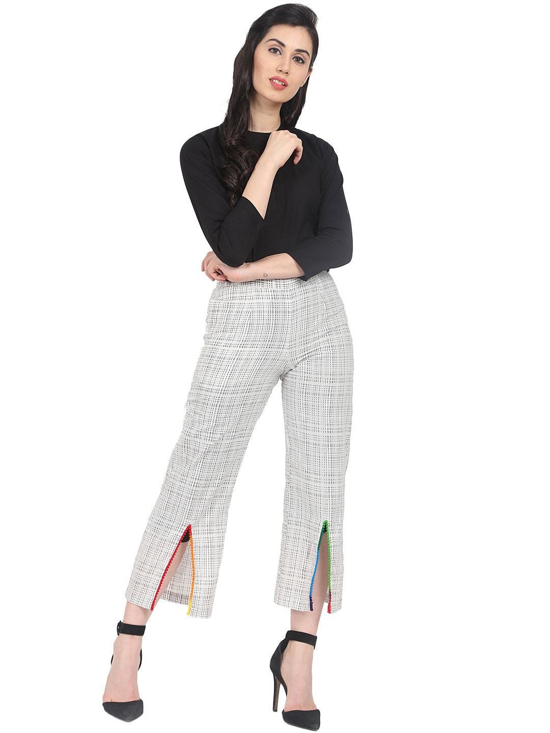 Off White Printed Cotton Calf Length Palazzo | LASVINI - Redefining Indian Fashion with Elegance