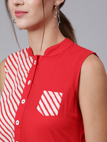 Women Red Stripe Printed Flared Sleeveless Dress | LASVINI - Redefining Indian Fashion with Elegance