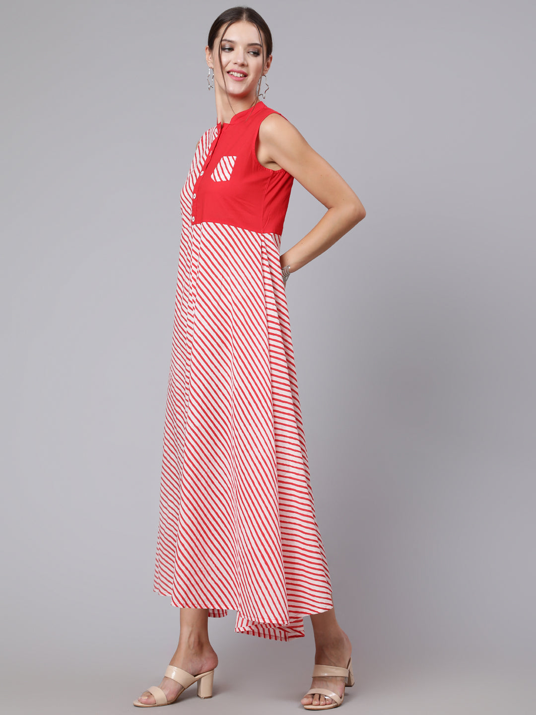 Women Red Stripe Printed Flared Sleeveless Dress | LASVINI - Redefining Indian Fashion with Elegance