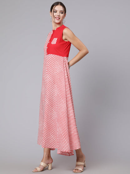 Women Red Stripe Printed Flared Sleeveless Dress | LASVINI - Redefining Indian Fashion with Elegance