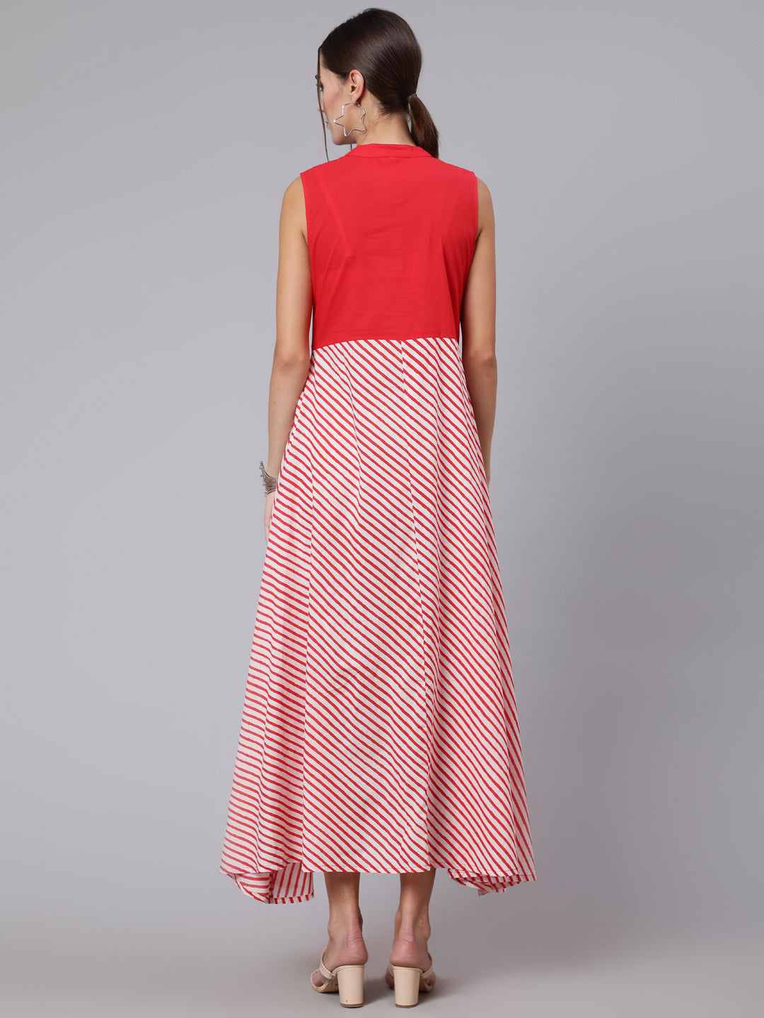 Women Red Stripe Printed Flared Sleeveless Dress | LASVINI - Redefining Indian Fashion with Elegance